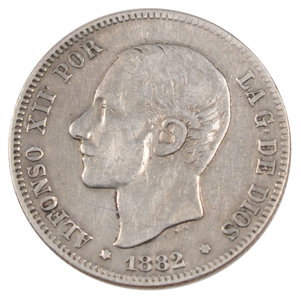 Spagna, Alfonso XII, 2 Pesetas, 1882, BB, Argento, KM:678.2