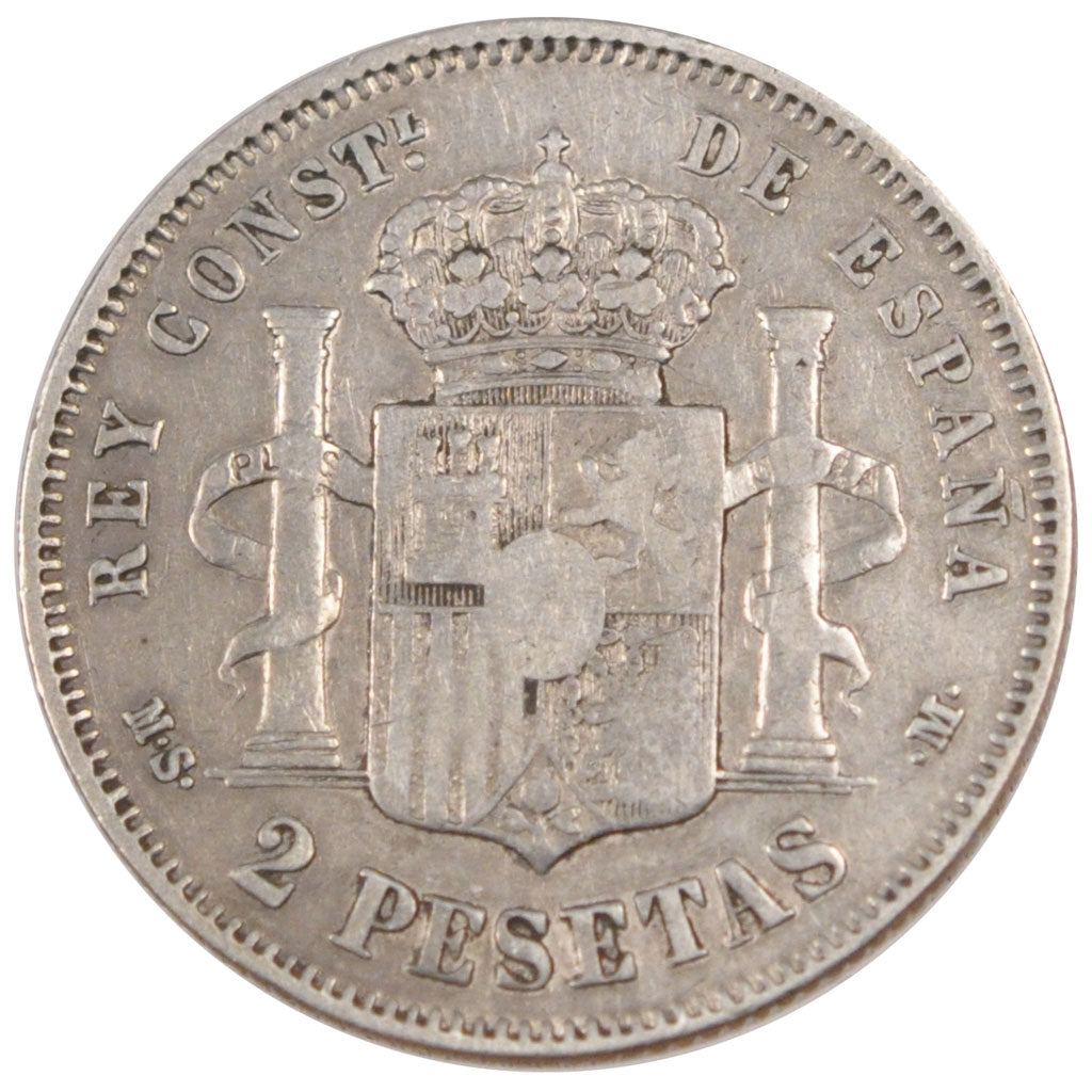Spagna, Alfonso XII, 2 Pesetas, 1882, BB, Argento, KM:678.2
