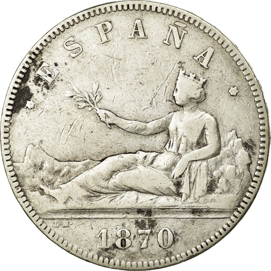 Moneda, España, Provisional Government, 5 Pesetas, 1870, MBC, Plata, KM:655