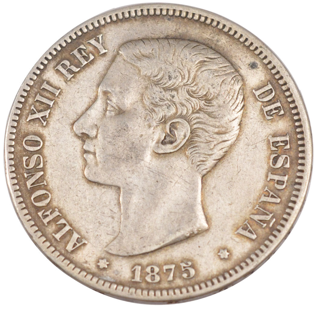 SPAIN, 5 Pesetas, 1875, KM #671, EF(40-45), Silver, 24.63