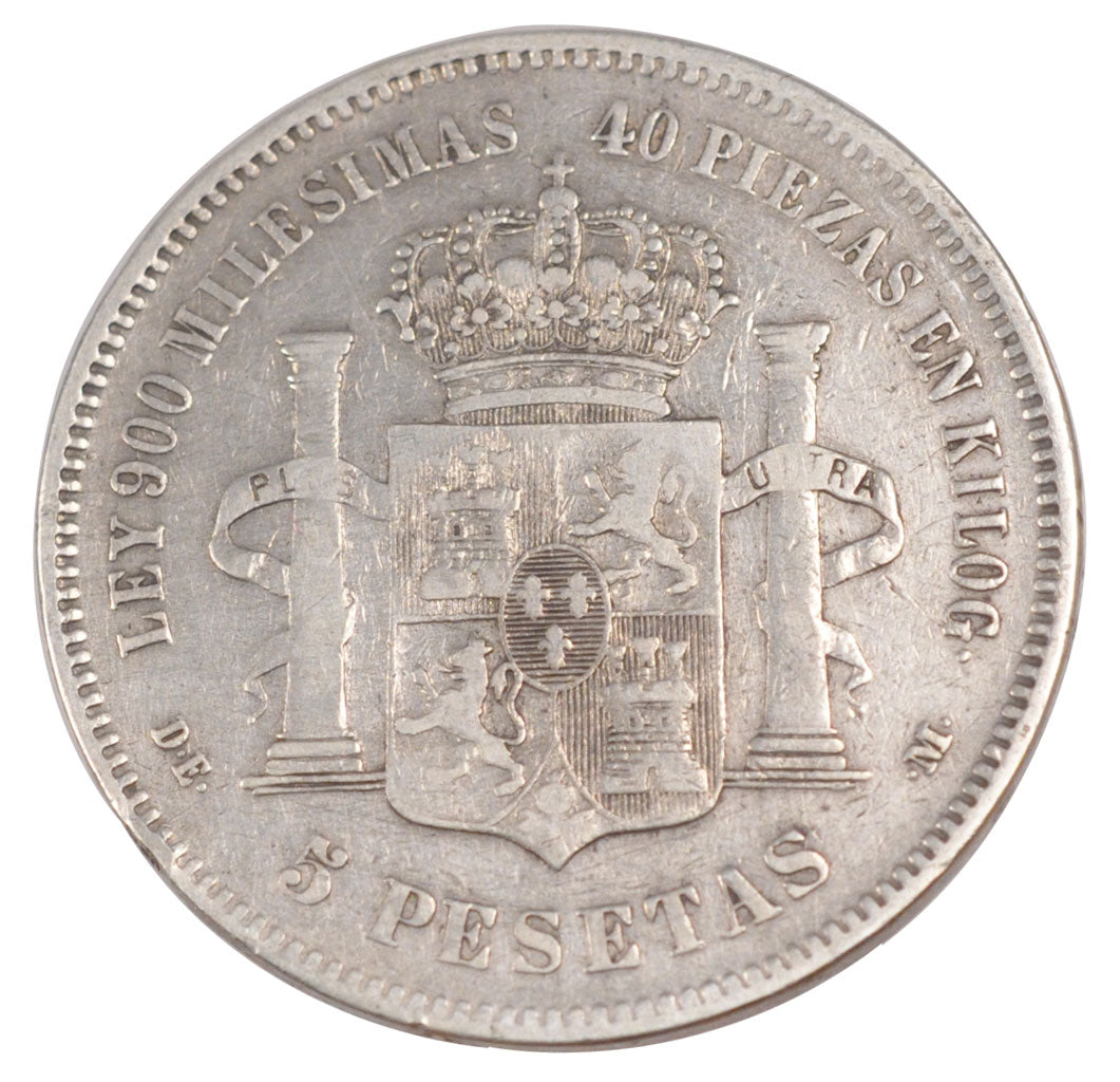 SPAIN, 5 Pesetas, 1875, KM #671, EF(40-45), Silver, 24.76