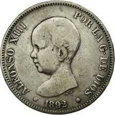 Munten, Spanje, Alfonso XIII, 5 Pesetas, 1892, ZF, Zilver, KM:689