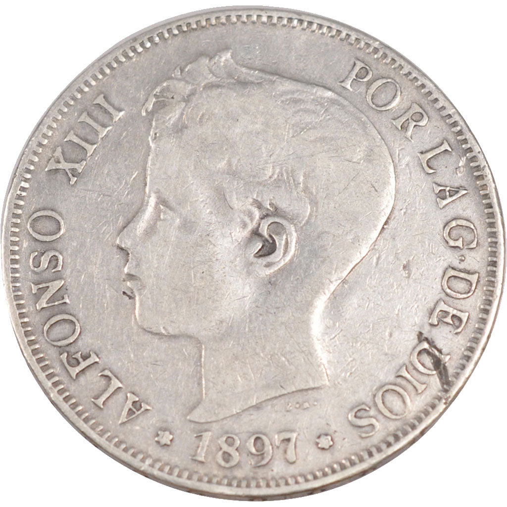 SPAIN, 5 Pesetas, 1897, KM #707, EF(40-45), Silver, 23.46