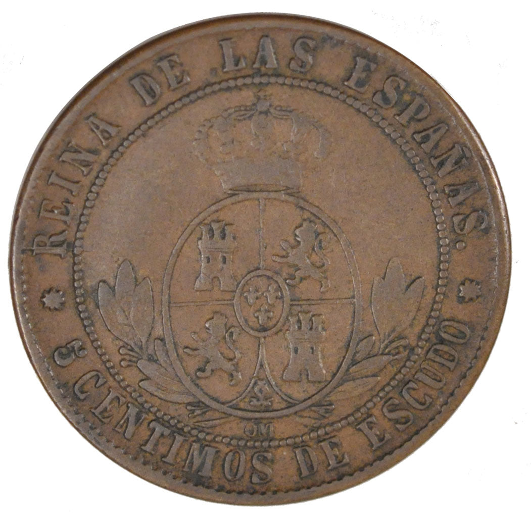 Spain, 5 Centimos, 1868, KM #635, VF(30-35), Copper, 12.78