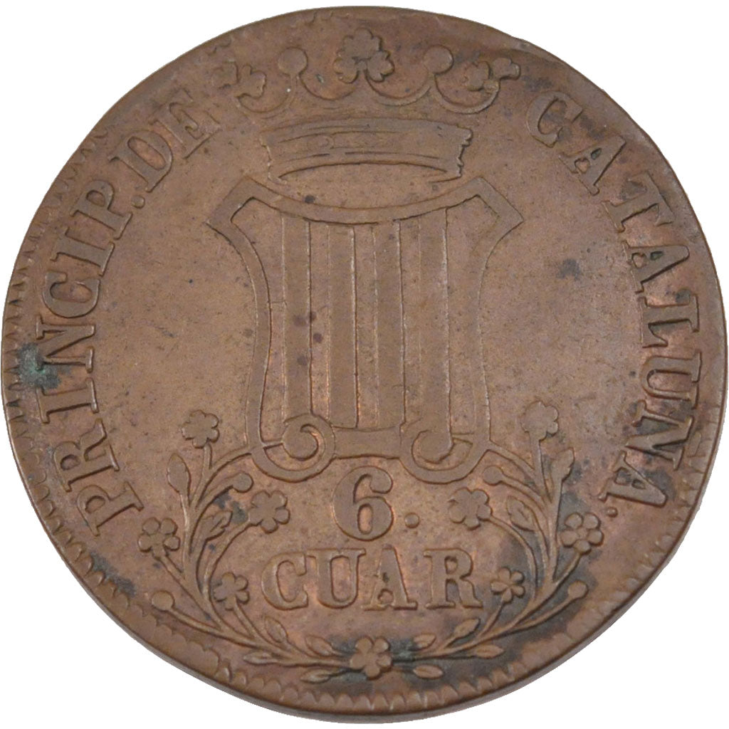 SPAIN, 6 Quartos, 1837, KM #128, AU(50-53), Copper, 14.58