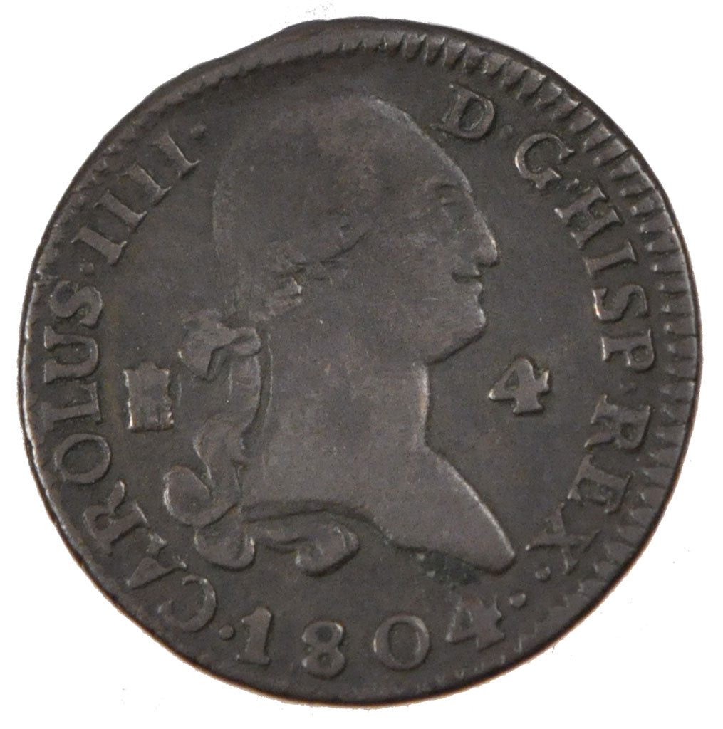 SPAIN, 4 Maravedis, 1804, Segovia, KM #427, EF(40-45), Copper, 5.95