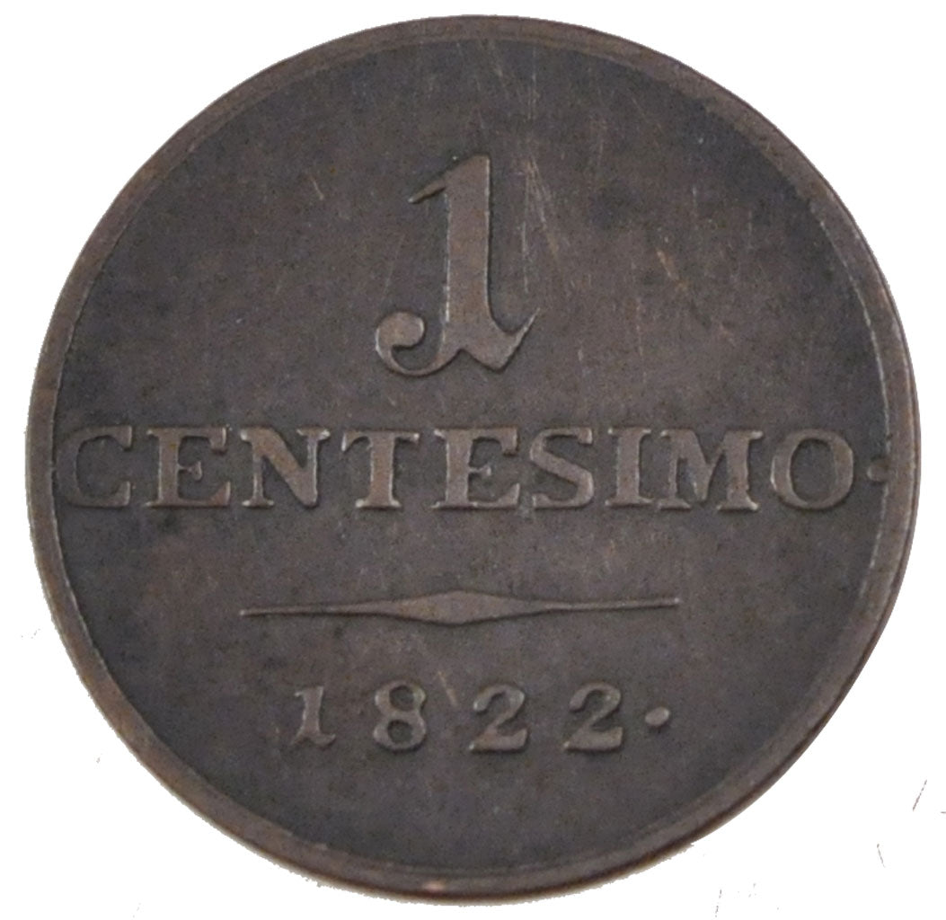ITALIAN STATES, Centesimo, 1822, Milan, KM #1.2, AU(50-53), Copper, 1.71