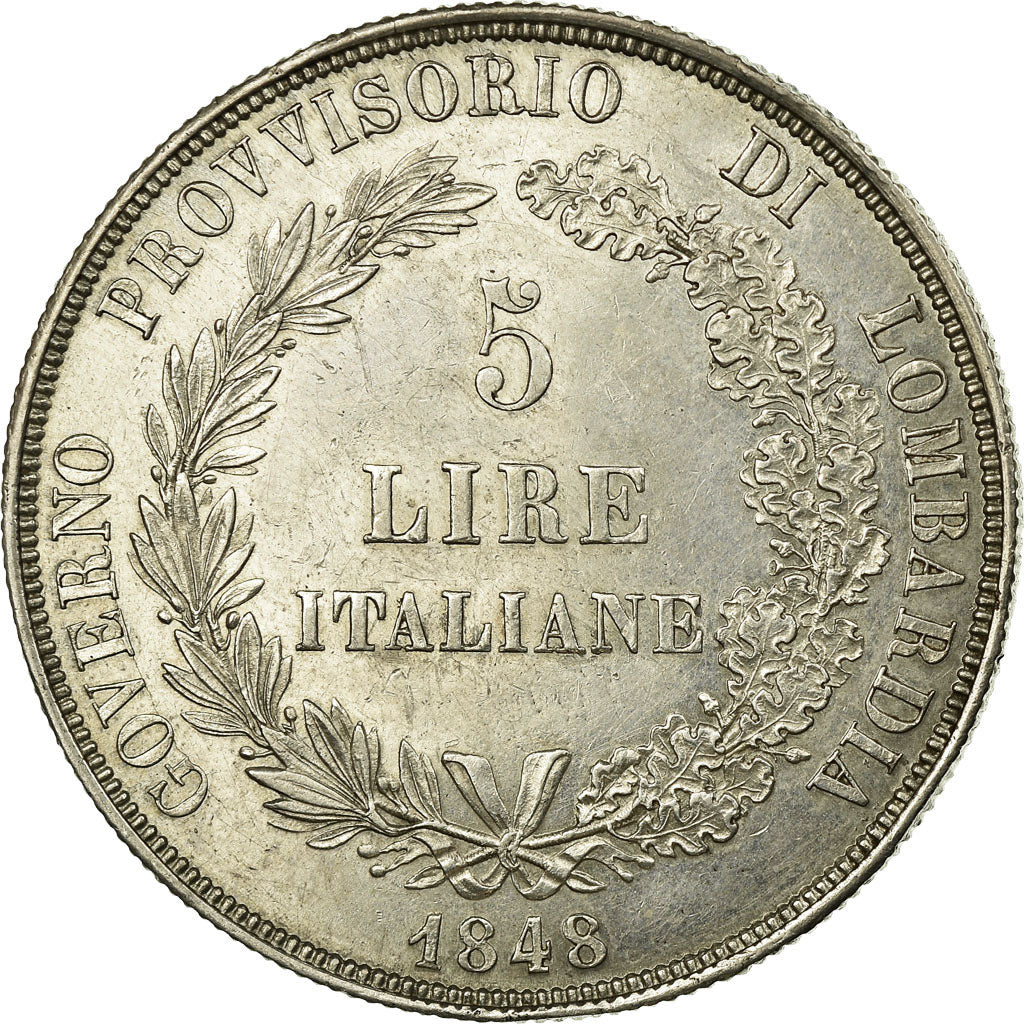 Coin, ITALIAN STATES, LOMBARDY-VENETIA, 5 Lire, 1848, Milan, AU(55-58), Silver