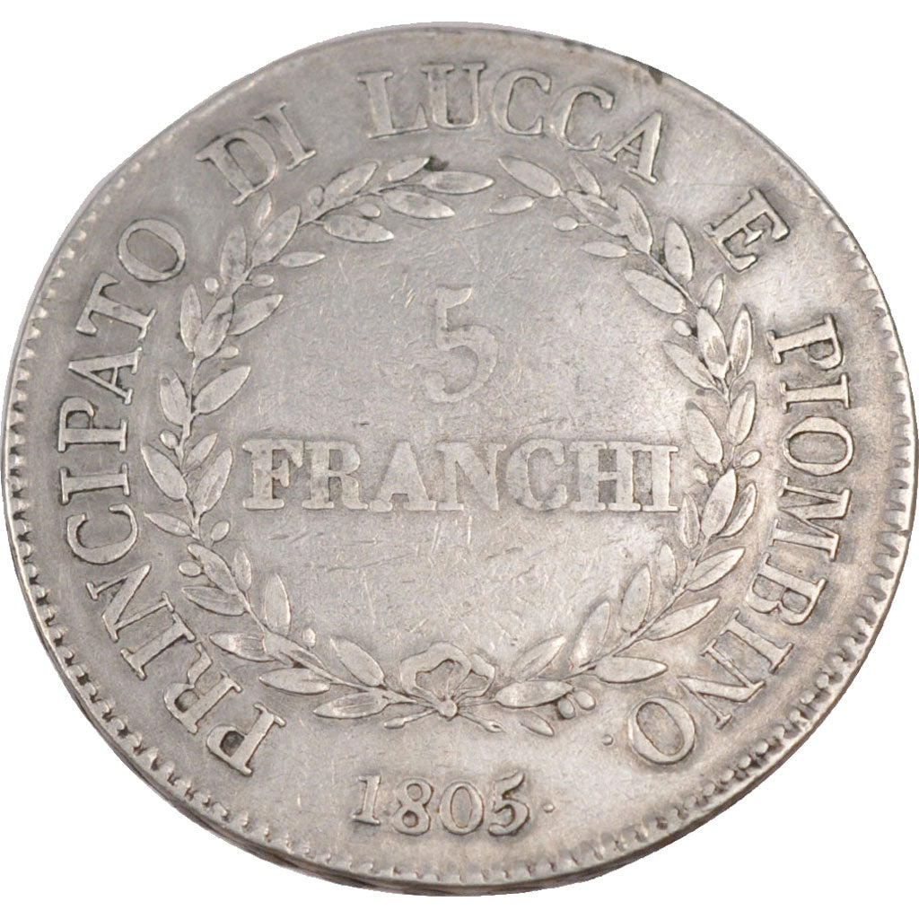 Monnaie, États italiens, LUCCA, Felix and Elisa, 5 Franchi, 1805, Firenze, TTB