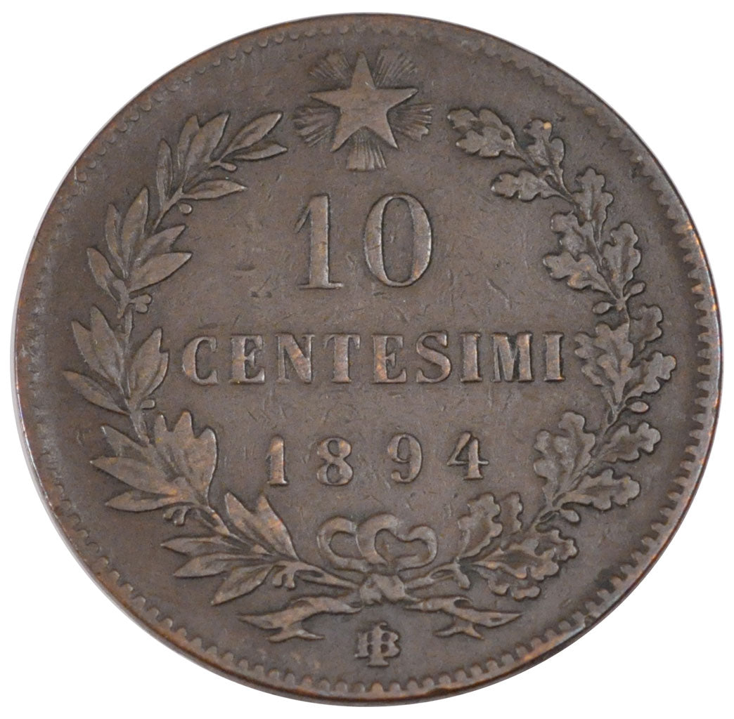ITALY, 10 Centesimi, 1894, Birmingham, KM #27.1, EF(40-45), Copper, 9.83