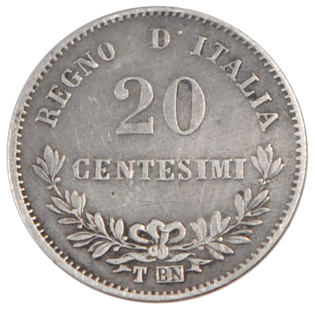 ITALY, 20 Centesimi, 1863, Torino, KM #13.2, EF(40-45), Silver, 1.04