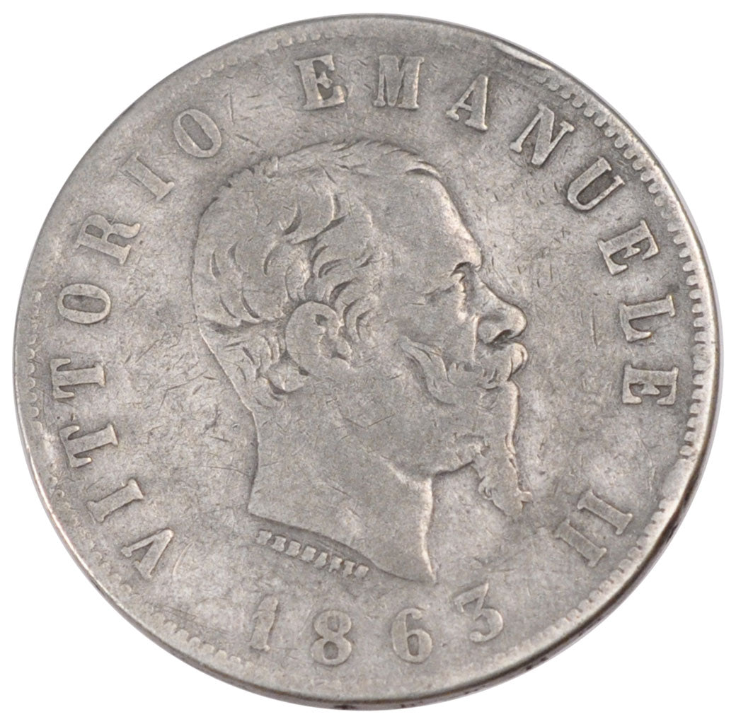 ITALY, 2 Lire, 1863, Naples, KM #6a.1, EF(40-45), Silver, 9.73