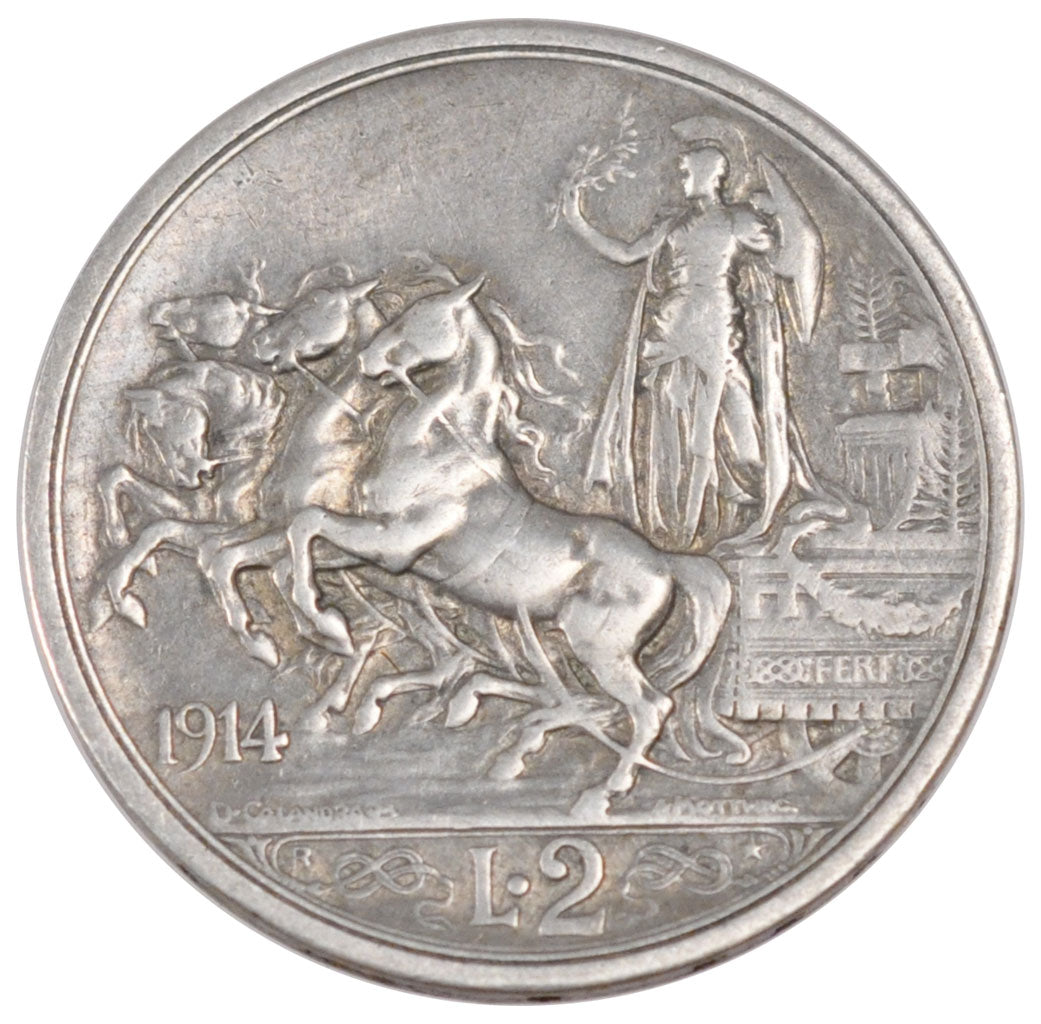 ITALY, 2 Lire, 1914, Rome, KM #55, AU(50-53), Silver, 27, 9.89