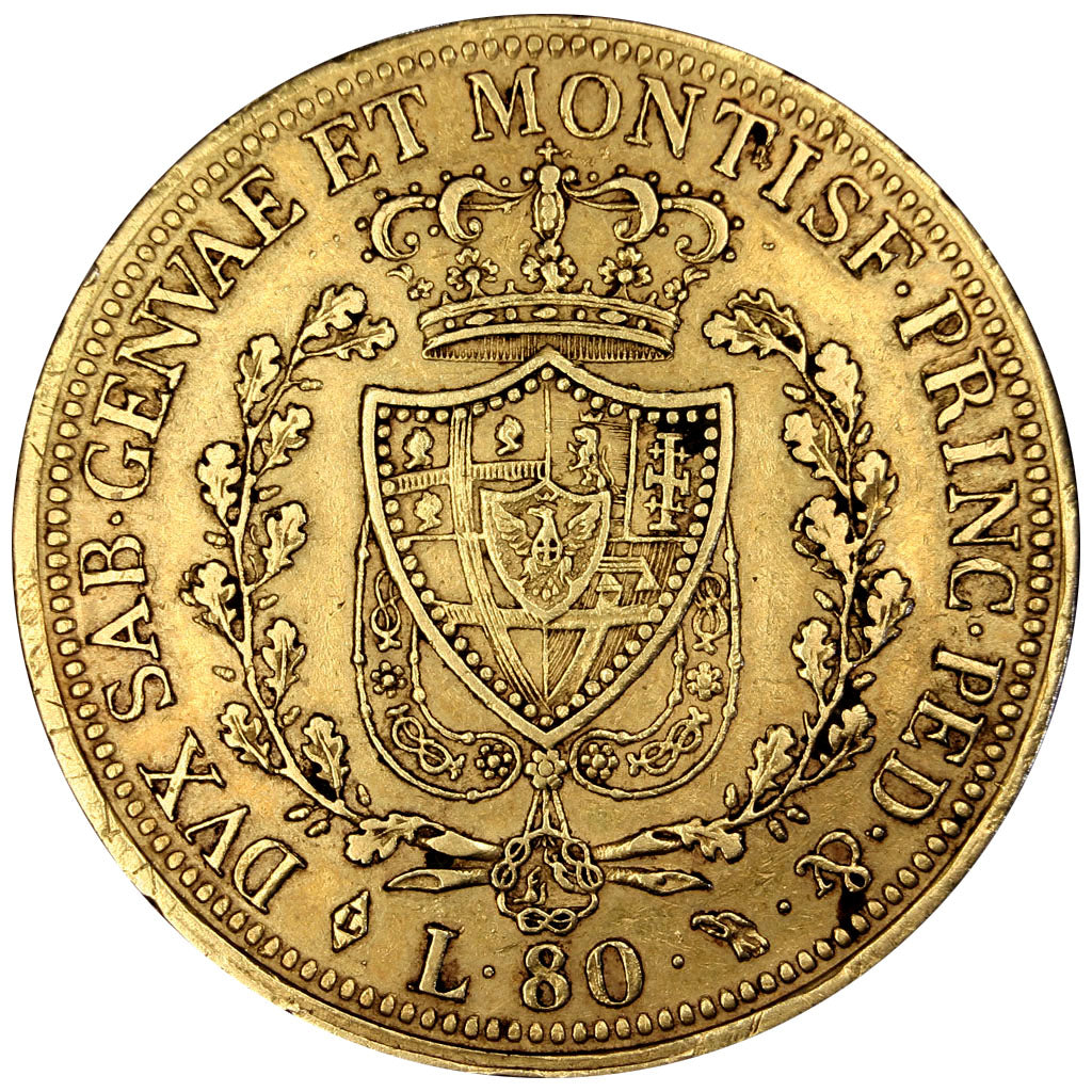 ITALIAN STATES, 80 Lire, 1826, Torino, KM #123.1, EF(40-45), Gold, 33, 25.72