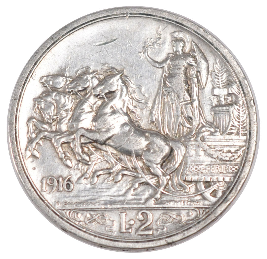 ITALY, 2 Lire, 1916, Rome, KM #55, EF(40-45), Silver, 27, 9.96