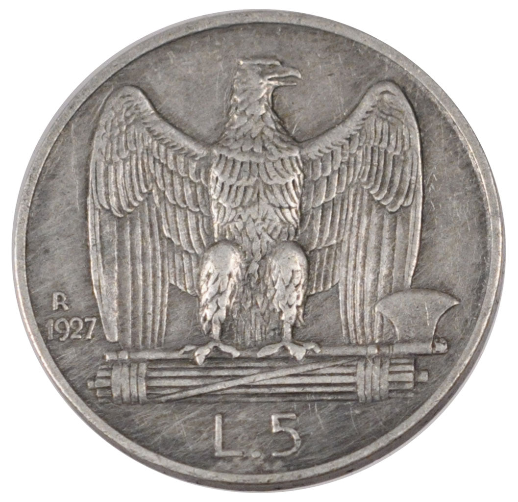 ITALY, 5 Lire, 1927, Rome, KM #67.2, AU(50-53), Silver, 23, 4.99