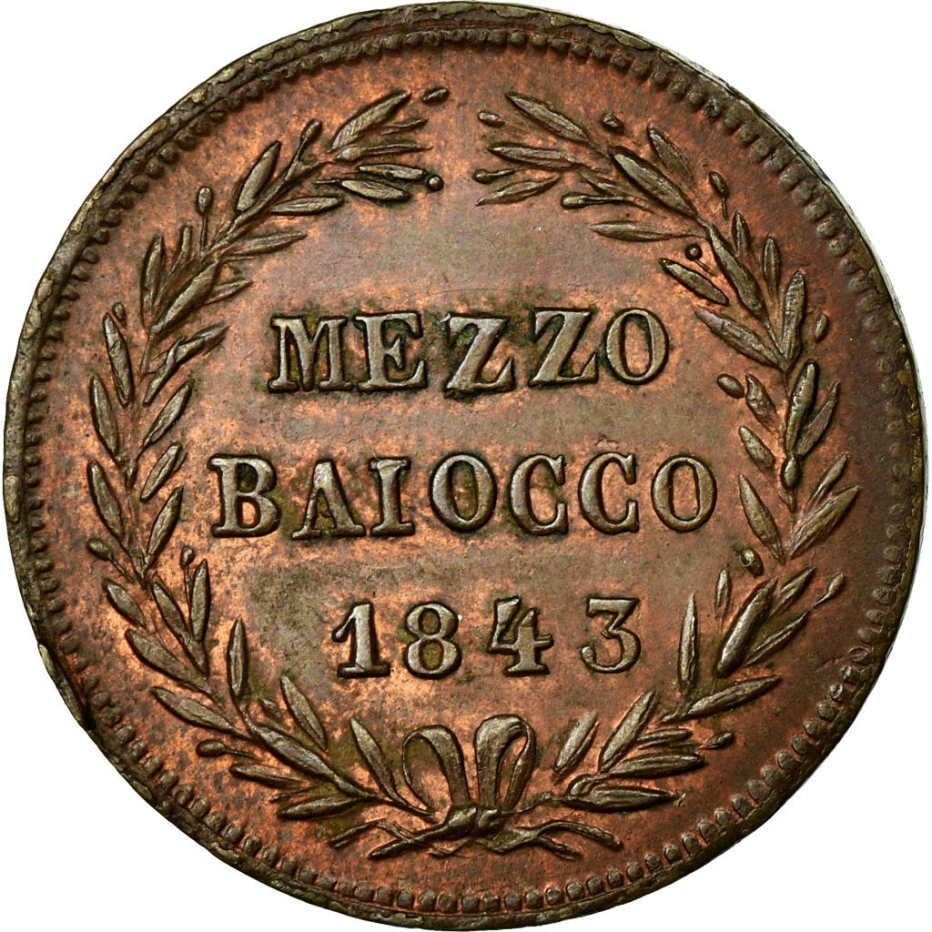 Coin, ITALIAN STATES, PAPAL STATES, Gregory XVI, Mezzo (1/2) Baiocco, 1843