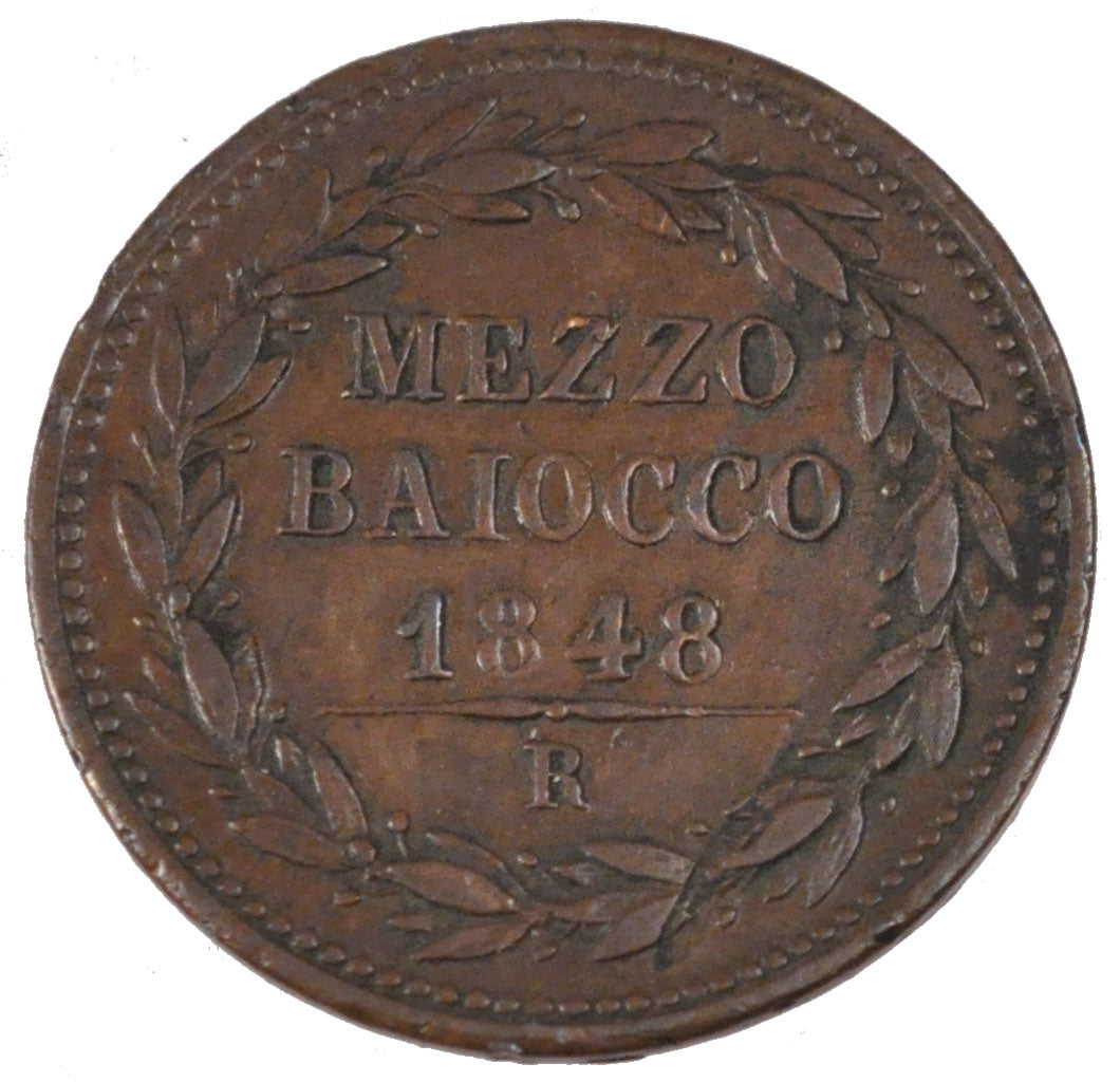 ITALIAN STATES, Mezzo (1/2) Baiocco, 1848, Roma, KM #1340, AU(55-58), Copper,...