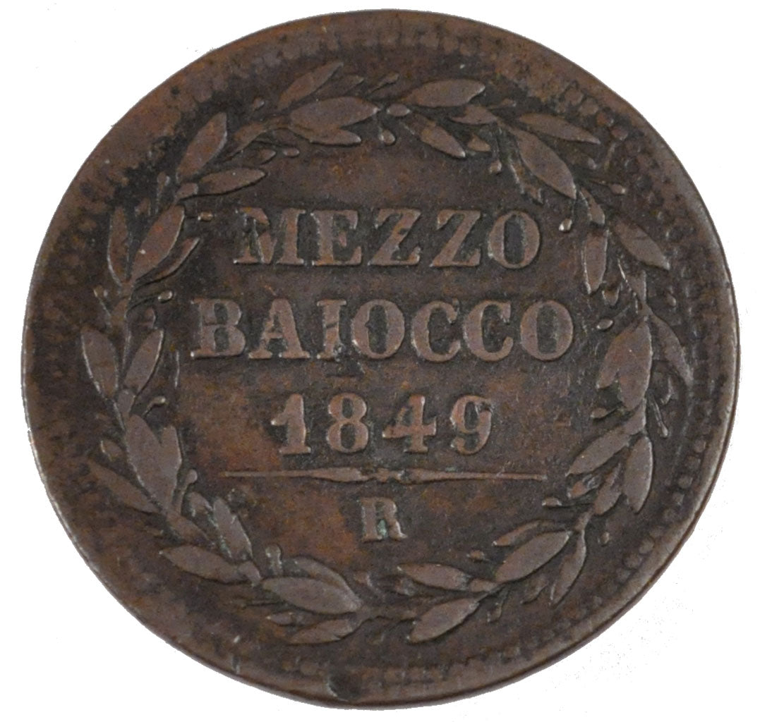 ITALIAN STATES, Mezzo (1/2) Baiocco, 1849, Roma, KM #1340, EF(40-45), Copper,...