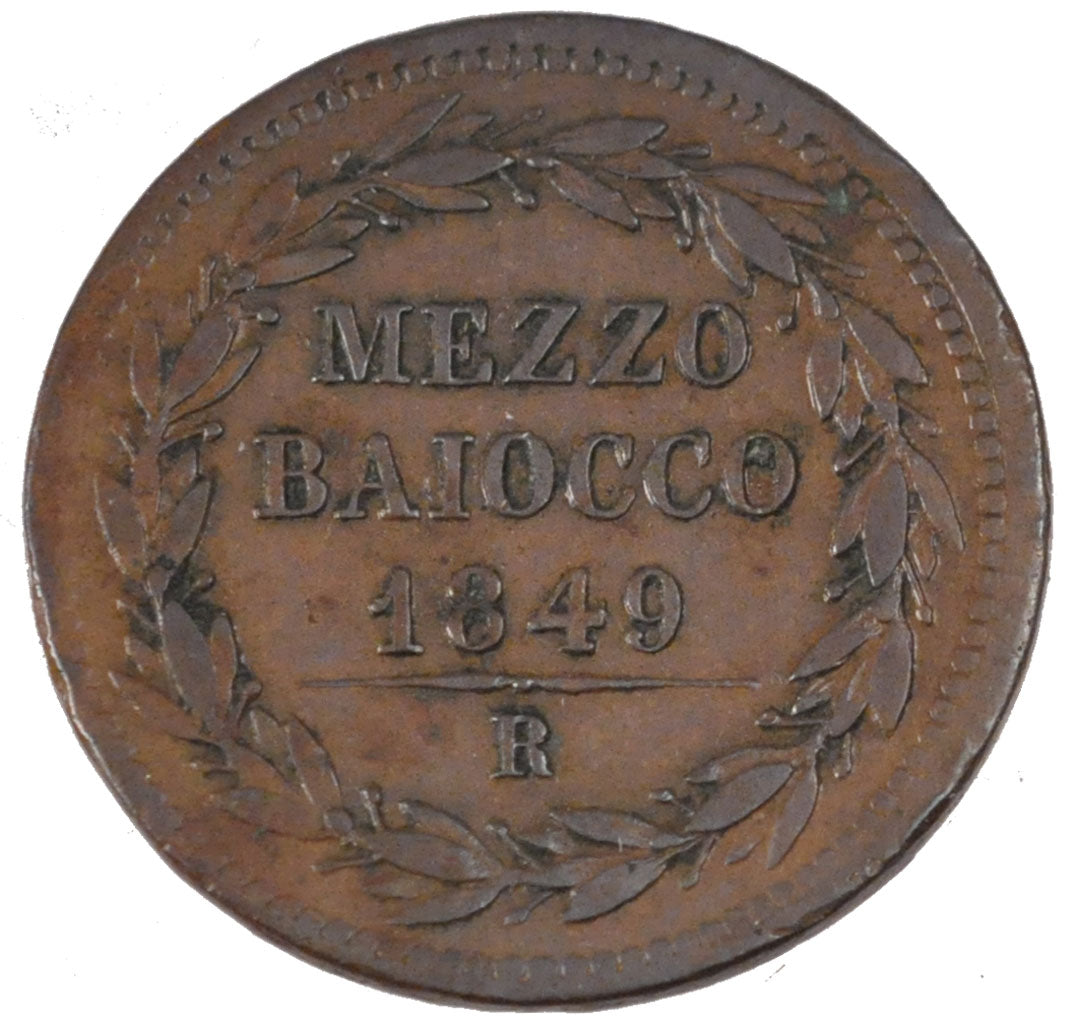 ITALIAN STATES, Mezzo (1/2) Baiocco, 1849, Roma, KM #1340, AU(50-53), Copper,...