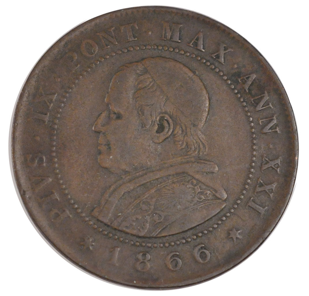 ITALIAN STATES, 2 Soldi, 10 Centesimi, 1866, Roma, KM #1373, EF(40-45), Copper,.