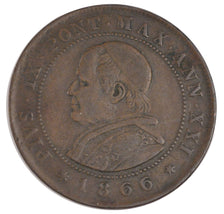ITALIAN STATES, 2 Soldi, 10 Centesimi, 1866, Roma, KM #1373, EF(40-45), Copper,.