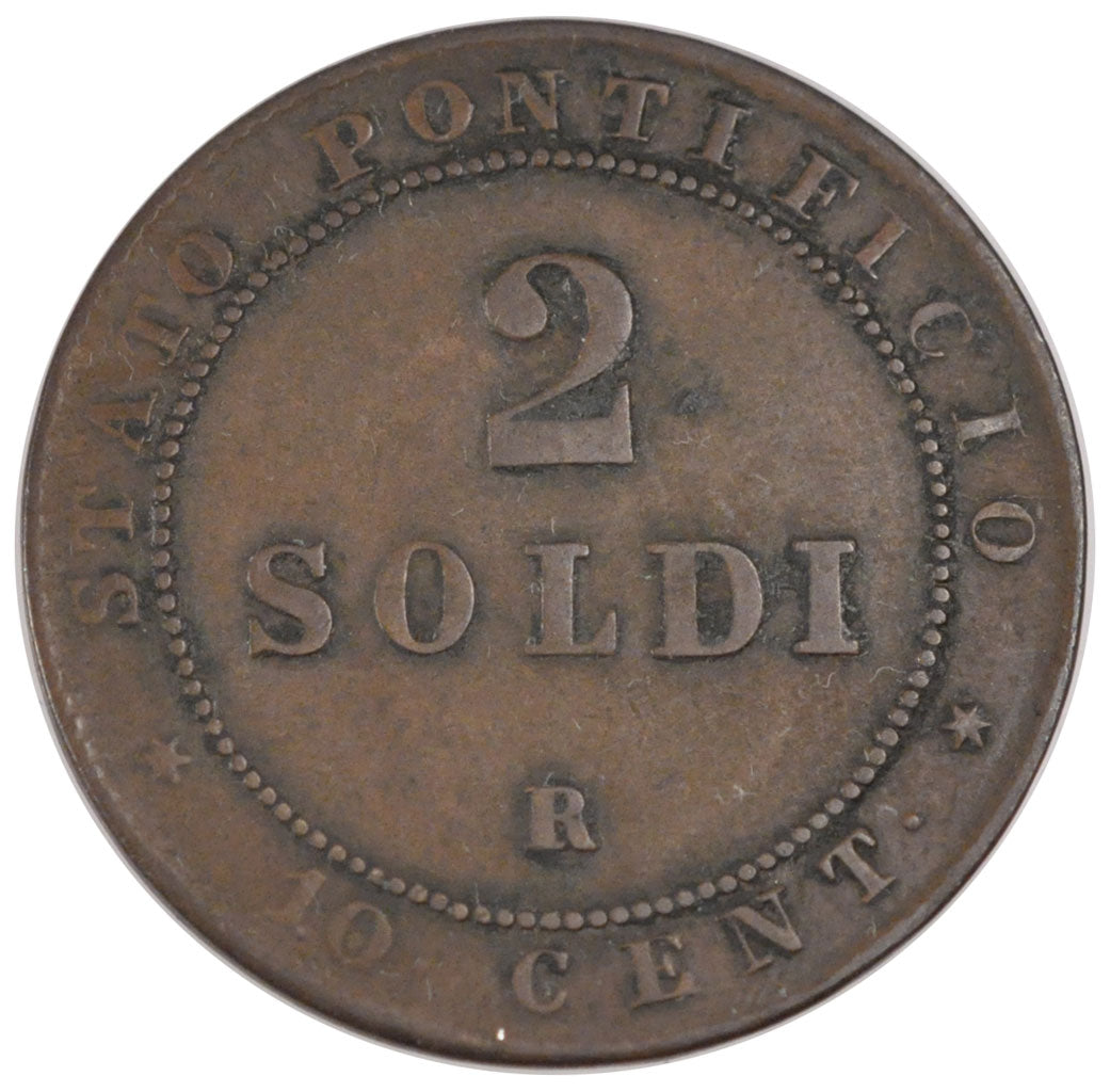 ITALIAN STATES, 2 Soldi, 10 Centesimi, 1866, Roma, KM #1373, EF(40-45), Copper,.