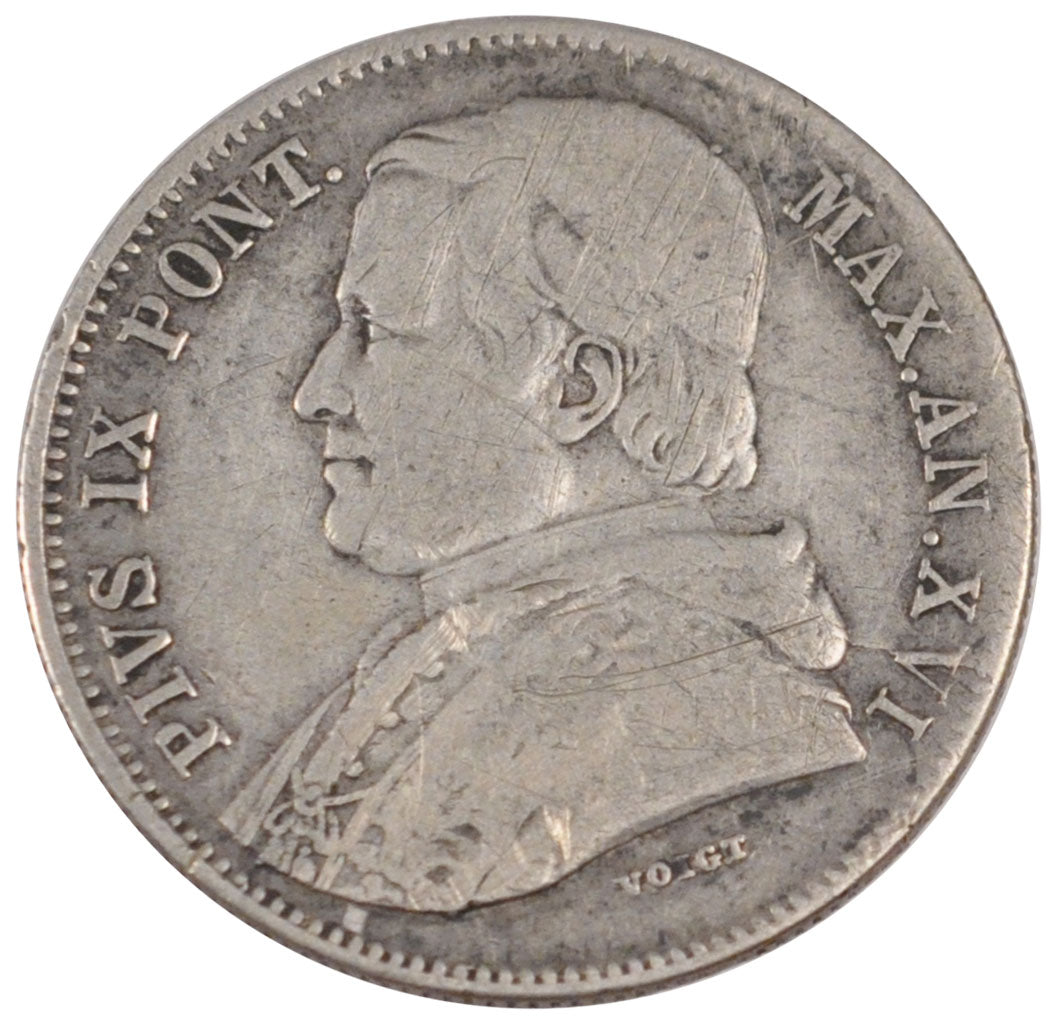 Vatican, 20 Baiocchi, 1862, Roma, KM #163.a, VF(30-35), Silver, 5.62
