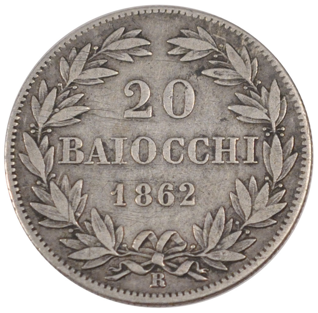 Vatican, 20 Baiocchi, 1862, Roma, KM #163.a, VF(30-35), Silver, 5.62
