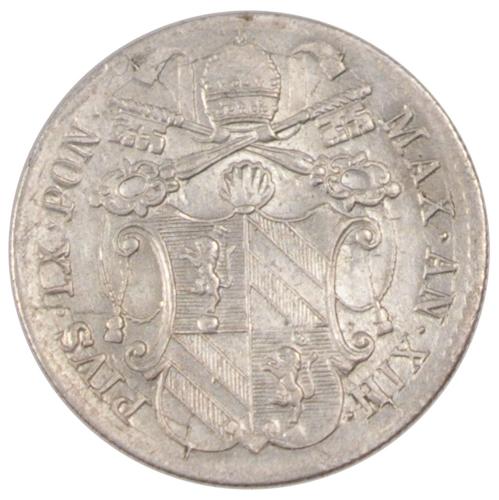 ITALIAN STATES, 5 Baiocchi, 1858, Roma, KM #1341b, AU(55-58), Silver, 1.44