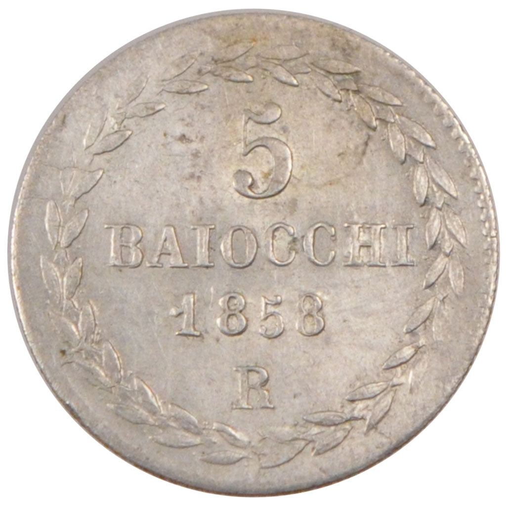 ITALIAN STATES, 5 Baiocchi, 1858, Roma, KM #1341b, AU(55-58), Silver, 1.44