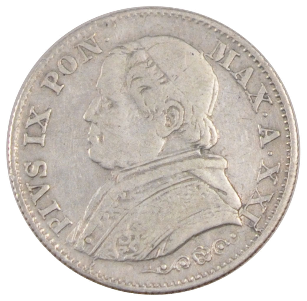 ITALIAN STATES, 5 Soldi, 25 Centesimi, 1866, Roma, KM #1375, EF(40-45), Silver,.