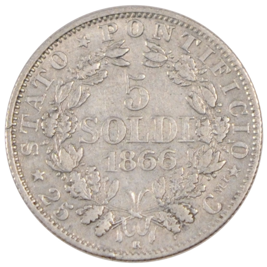 ITALIAN STATES, 5 Soldi, 25 Centesimi, 1866, Roma, KM #1375, EF(40-45), Silver,.