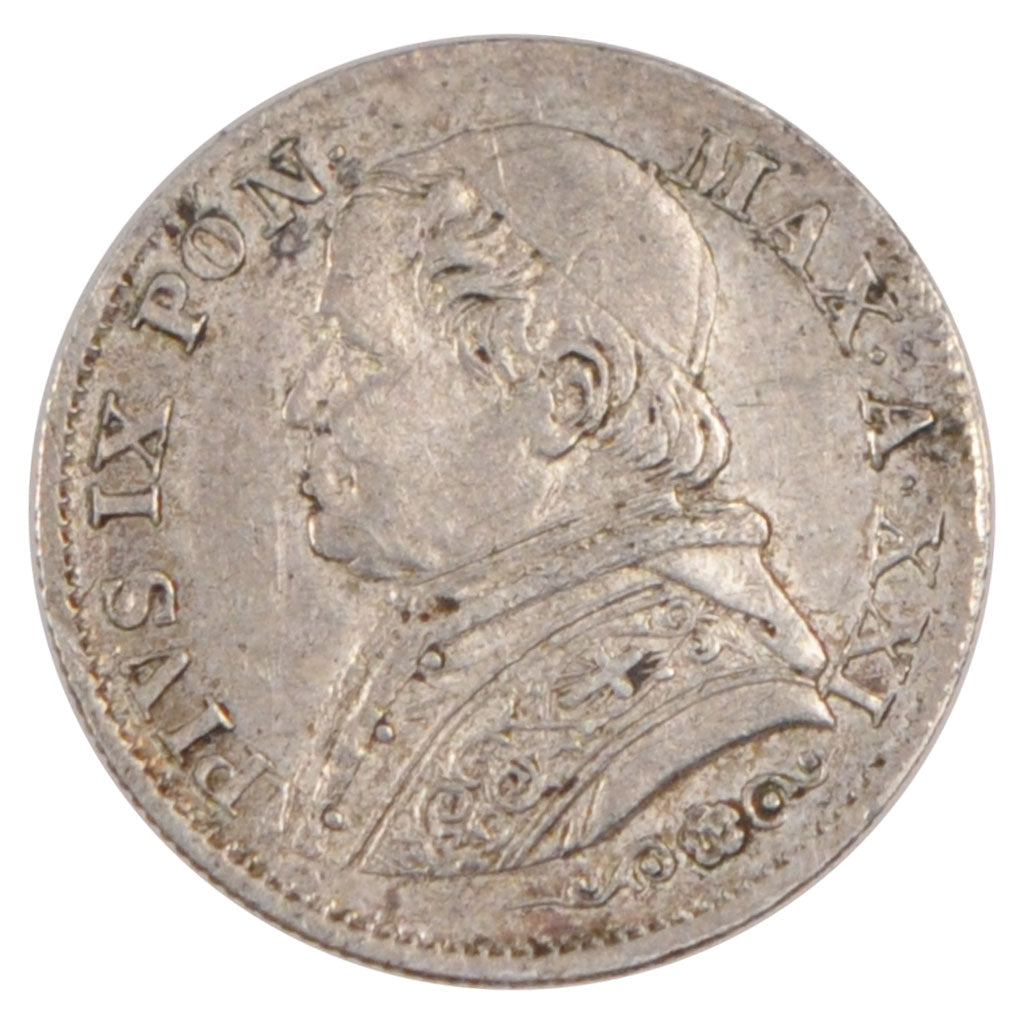 ITALIAN STATES, 5 Soldi, 25 Centesimi, 1867, Roma, KM #1375, AU(55-58), Silver,.