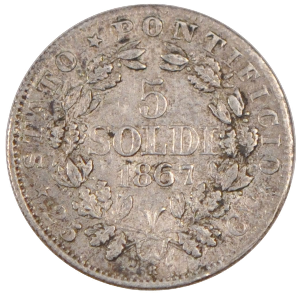 ITALIAN STATES, 5 Soldi, 25 Centesimi, 1867, Roma, KM #1375, AU(55-58), Silver,.