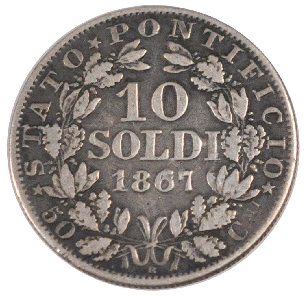 ITALIAN STATES, 10 Soldi, 50 Centesimi, 1867, Roma, KM #1376, EF(40-45),...