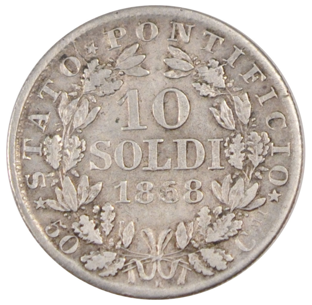 ITALIAN STATES, 10 Soldi, 50 Centesimi, 1868, Roma, KM #1376, EF(40-45),...