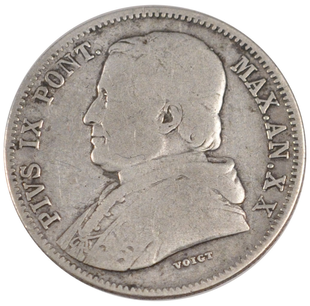 ITALIAN STATES, 20 Baiocchi, 1865, Roma, KM #1360, VF(20-25), Silver, 5.19