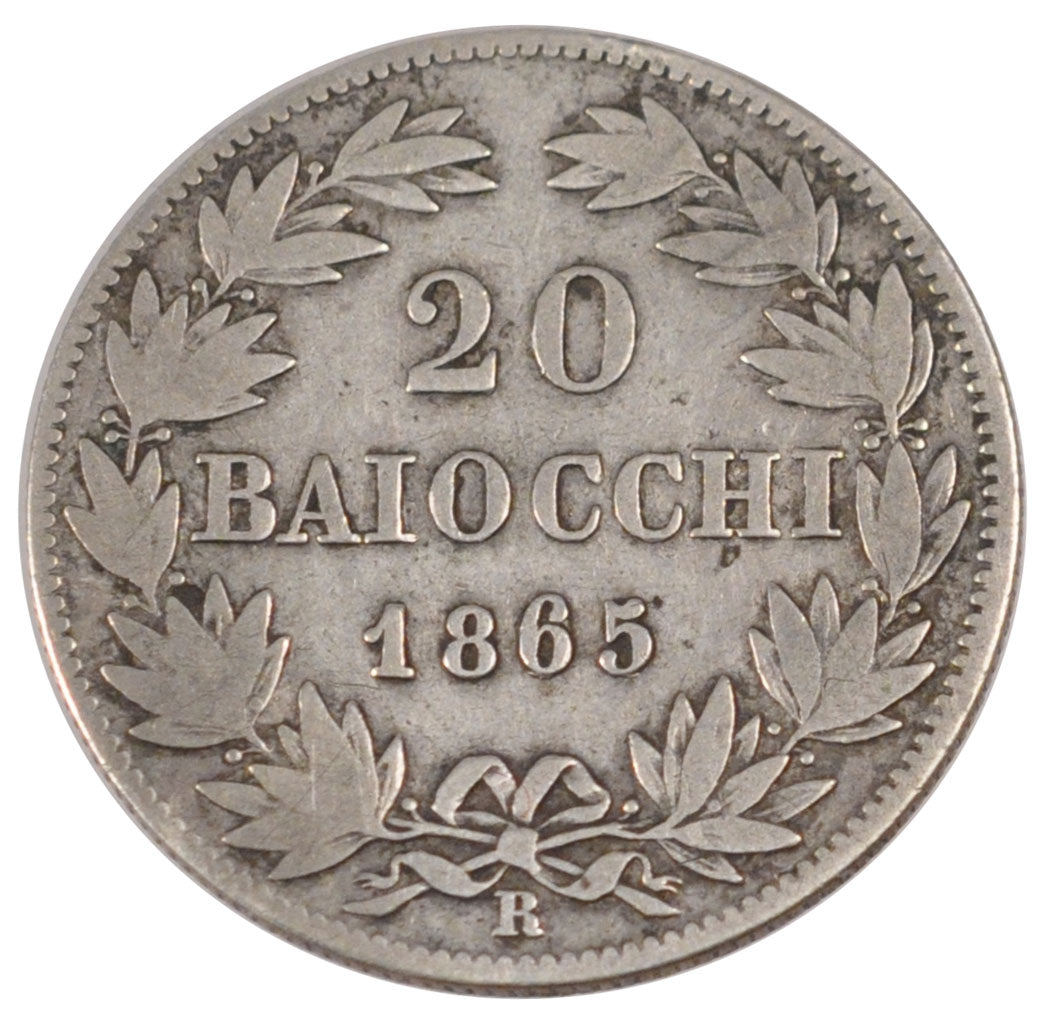 ITALIAN STATES, 20 Baiocchi, 1865, Roma, KM #1360, VF(20-25), Silver, 5.19