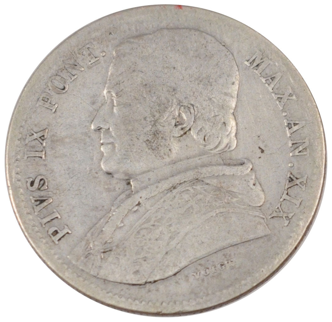 ITALIAN STATES, 20 Baiocchi, 1865, Roma, KM #1360, VF(20-25), Silver, 5.21