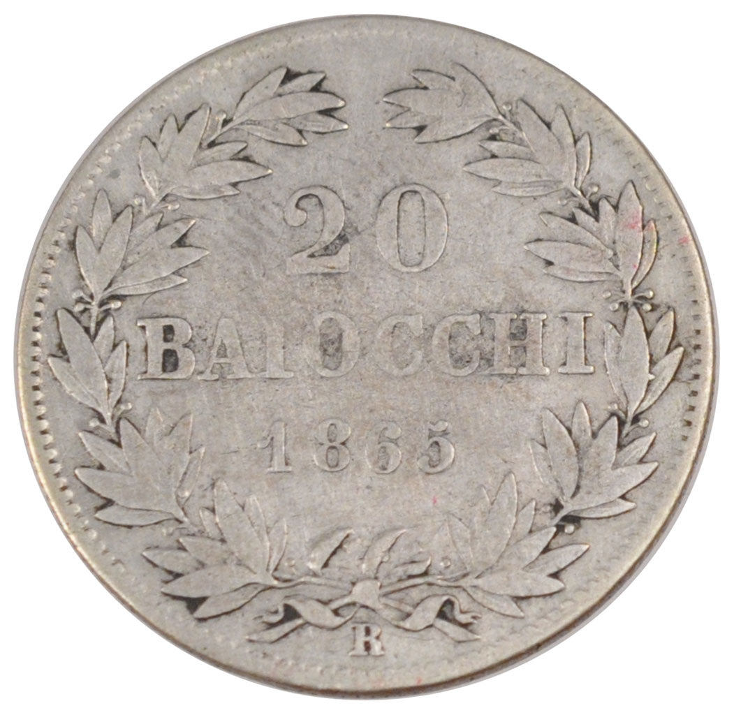 ITALIAN STATES, 20 Baiocchi, 1865, Roma, KM #1360, VF(20-25), Silver, 5.21