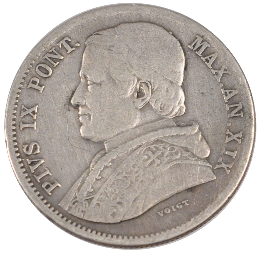 ITALIAN STATES, 20 Baiocchi, 1865, Roma, KM #1360, VF(30-35), Silver, 5.20