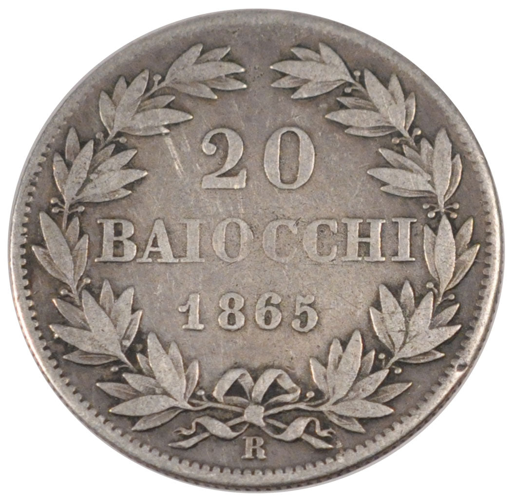 ITALIAN STATES, 20 Baiocchi, 1865, Roma, KM #1360, VF(30-35), Silver, 5.20