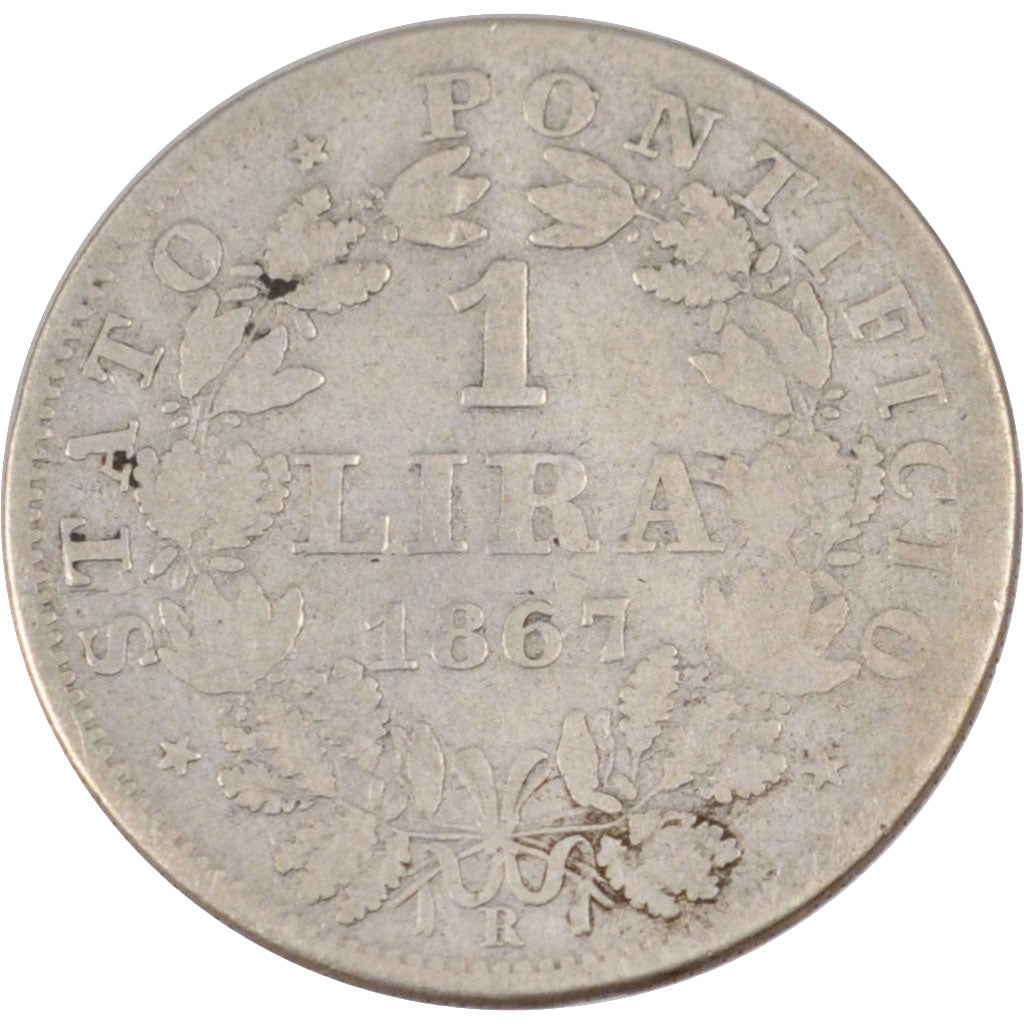 ITALIAN STATES, Lira, 1867, Roma, KM #1378, VF(20-25), Silver, 4.80