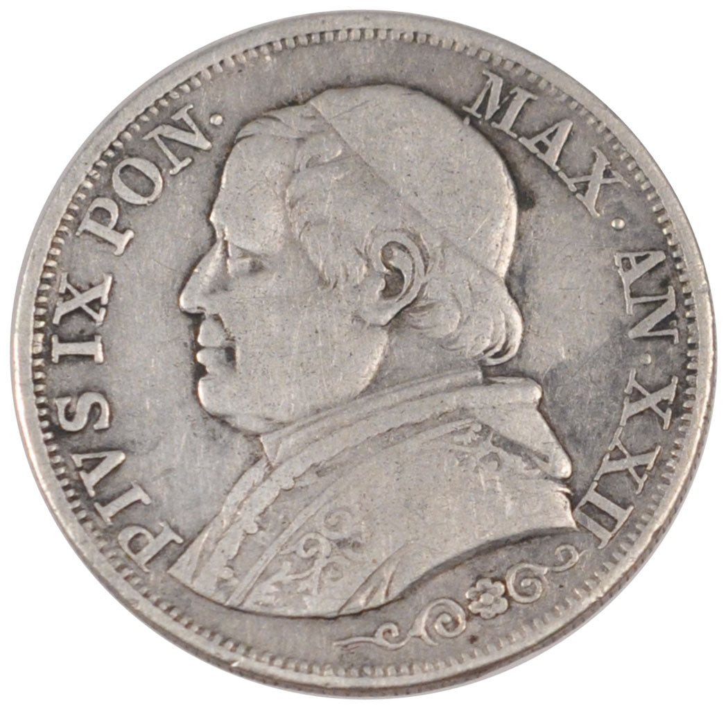 ITALIAN STATES, Lira, 1868, Roma, KM #1378, EF(40-45), Silver, 4.89