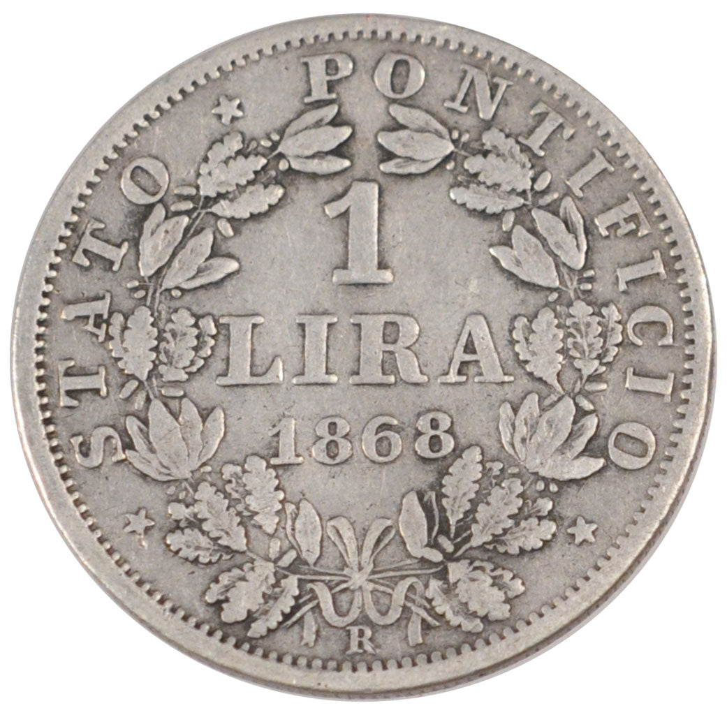 ITALIAN STATES, Lira, 1868, Roma, KM #1378, EF(40-45), Silver, 4.89