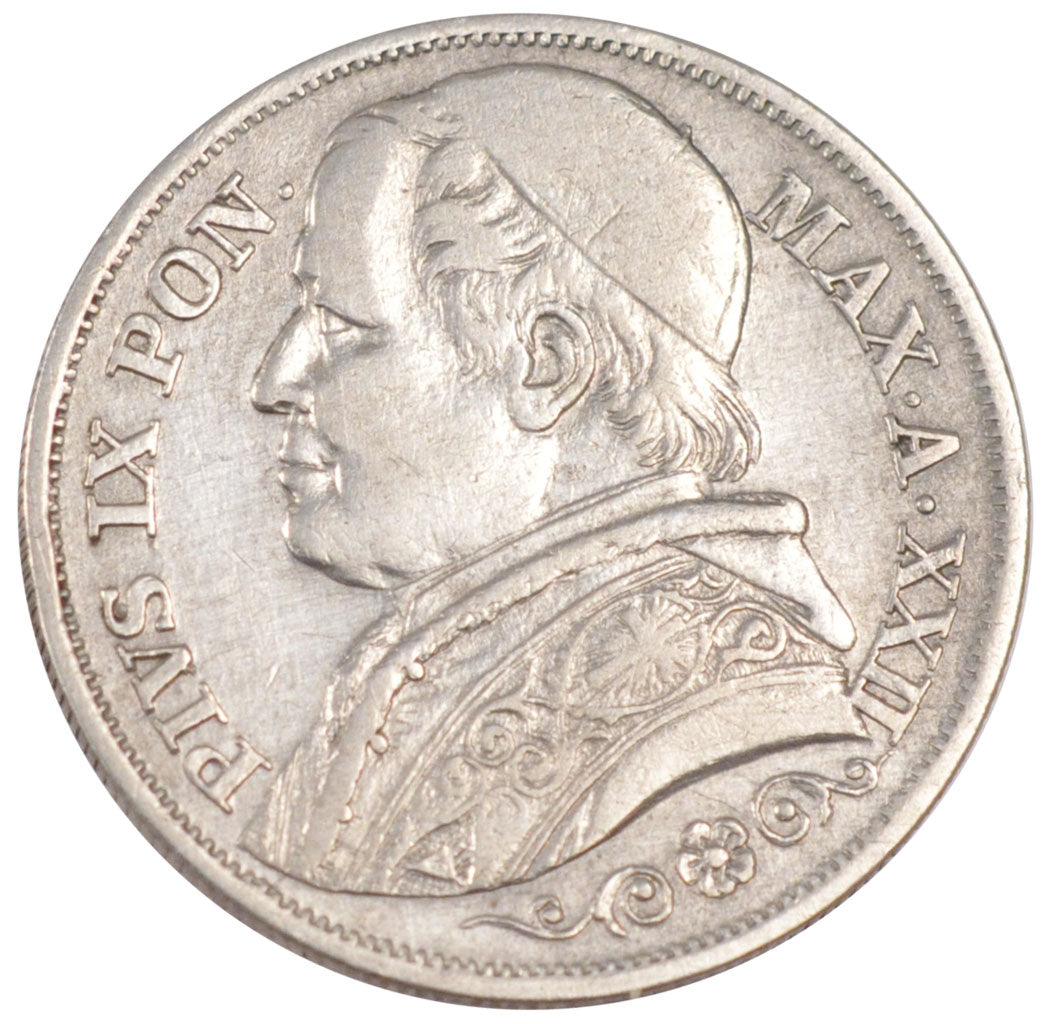 ITALIAN STATES, 2 Lire, 1867, Roma, KM #1379.2, EF(40-45), Silver, 9.90