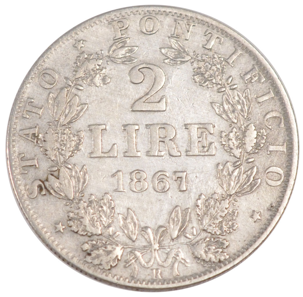 ITALIAN STATES, 2 Lire, 1867, Roma, KM #1379.2, EF(40-45), Silver, 9.90