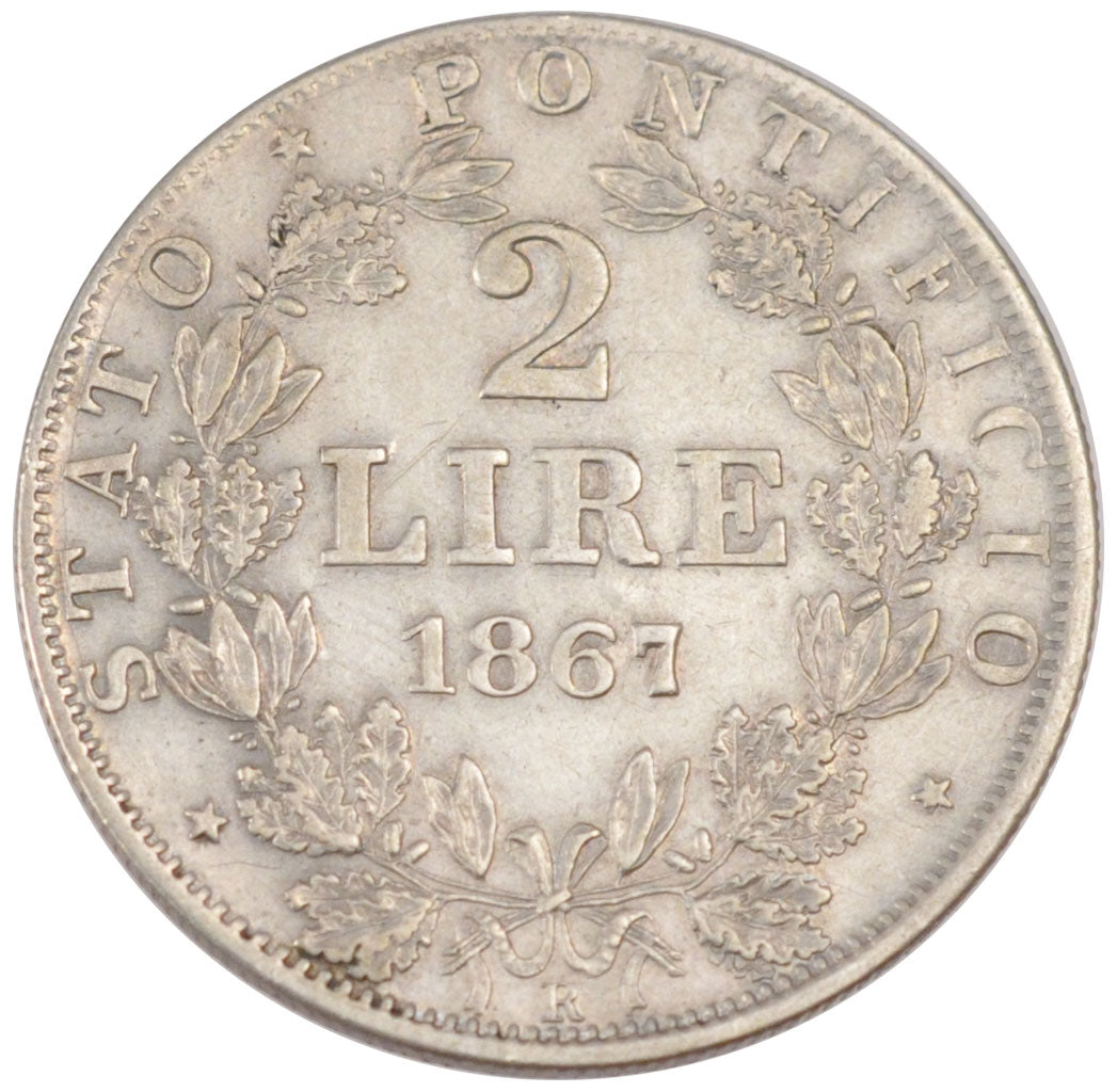 ITALIAN STATES, 2 Lire, 1867, Roma, KM #1379.2, EF(40-45), Silver, 9.94