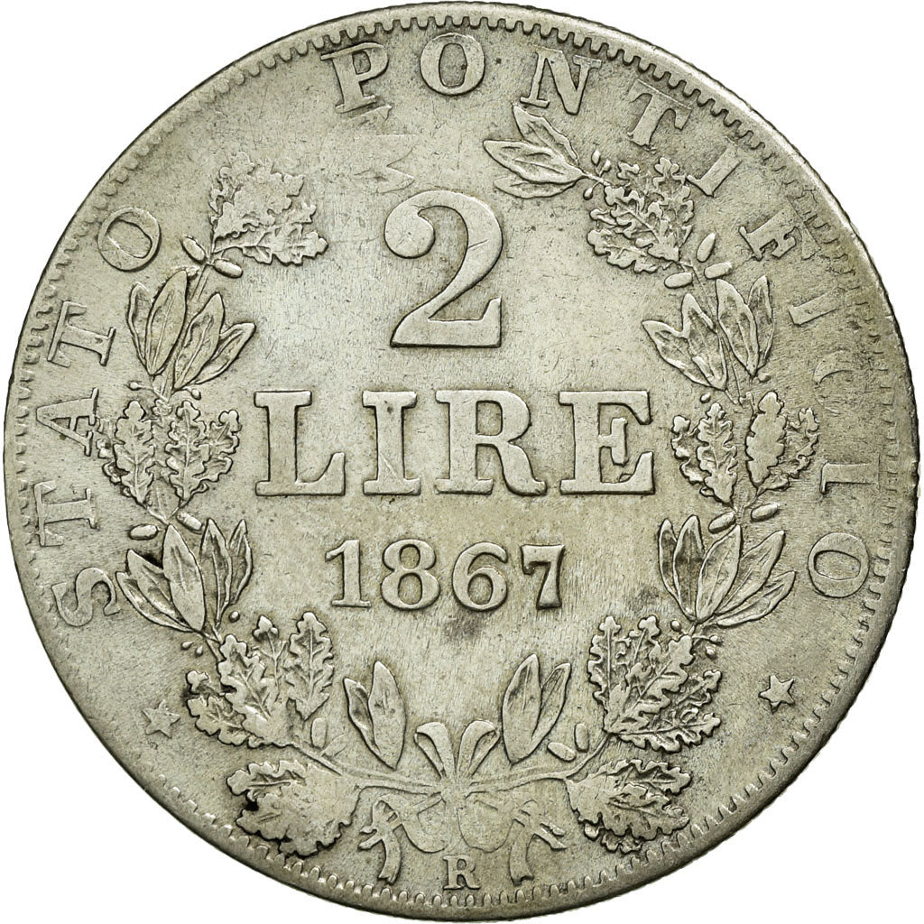 Coin, ITALIAN STATES, PAPAL STATES, Pius IX, 2 Lire, 1867, Roma, AU(50-53)